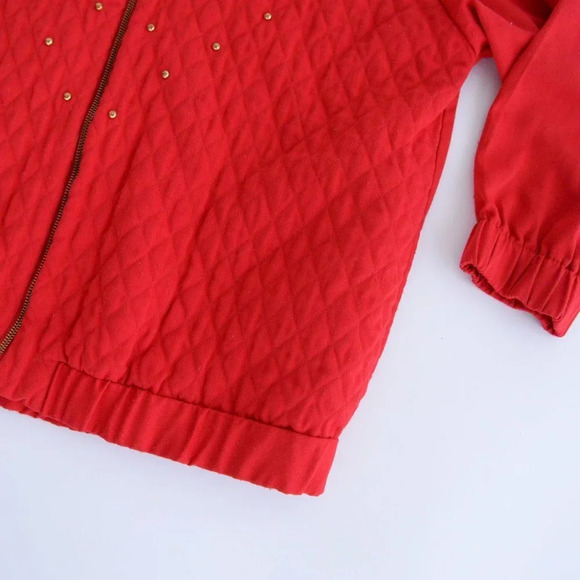 Vintage Megan Moore Red with Gold Bead Stud Zip Up Bomber Jackets Size  8 - Picture 6 of 11